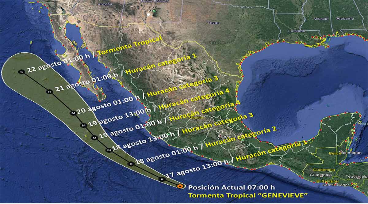 La tormenta tropical “Genevieve” avanza al sur de las costas de Michoacán y Guerrero