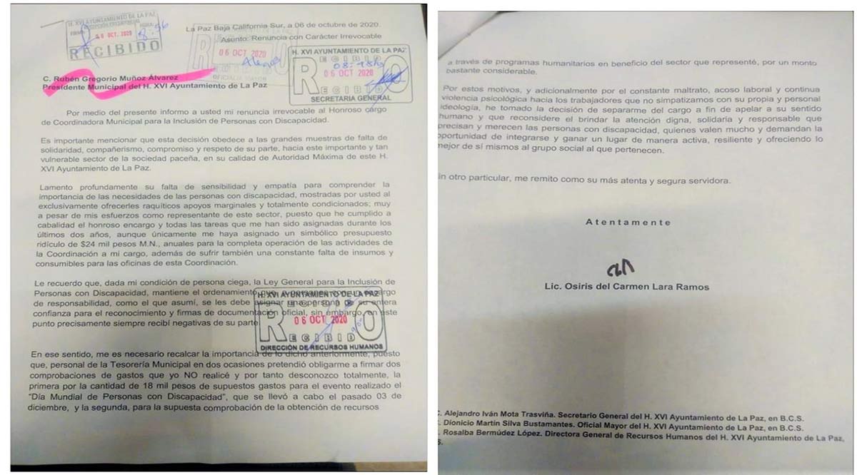 Renuncia al Ayuntamiento de La Paz la Coordinadora de Discapacidad