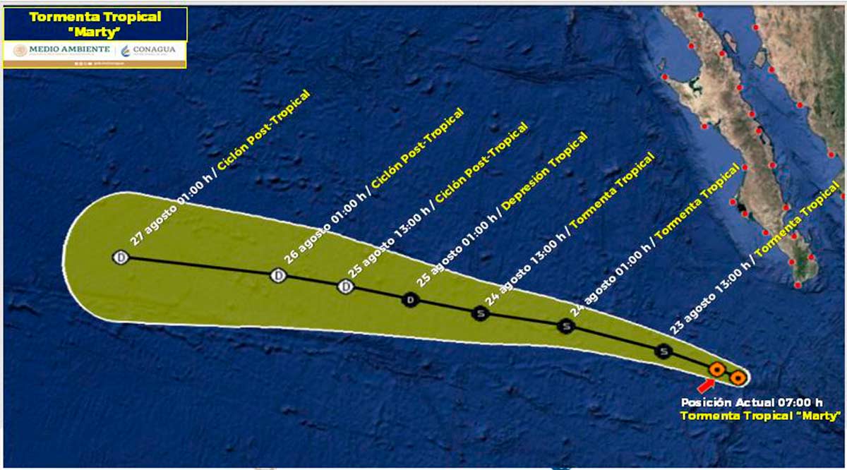 Se ubica a 350 km de CSL la tormenta tropical “Marty”