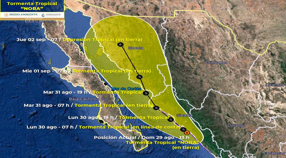 Se degrada “Nora” a tormenta tropical y ubica a 300 km de CSL