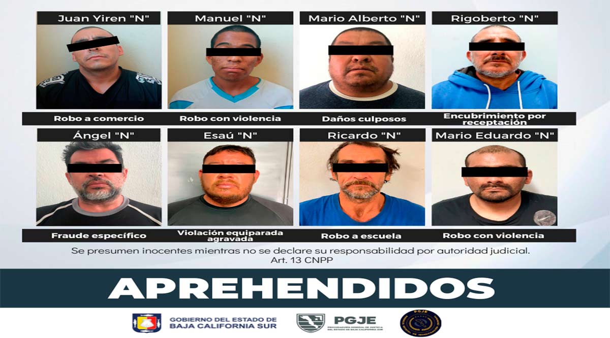 Por diversos delitos aseguraron a 8 sujetos en BCS