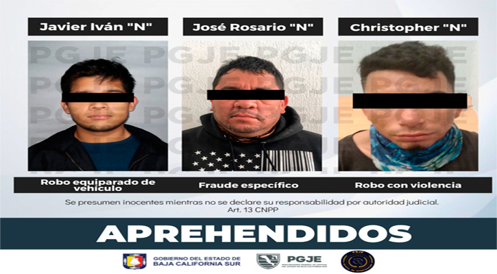 Aprehenden a 3 sujetos por la comisión de diversos delitos en La Paz y Los Cabos