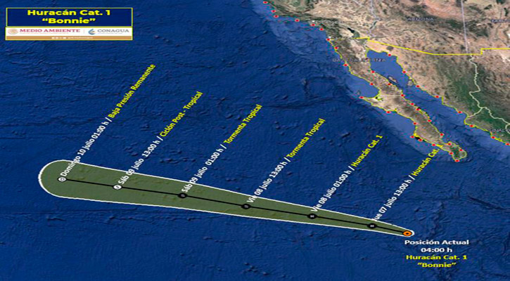 Se degrada huracán “Bonnie” a categoría 1; está ubicado a 700 km de CSL