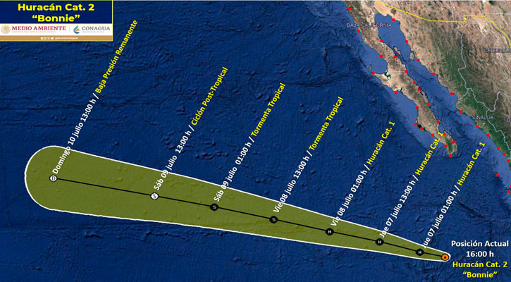 Se aleja paulatinamente el huracán “Bonnie”; está ubicado a 710 km de CSL
