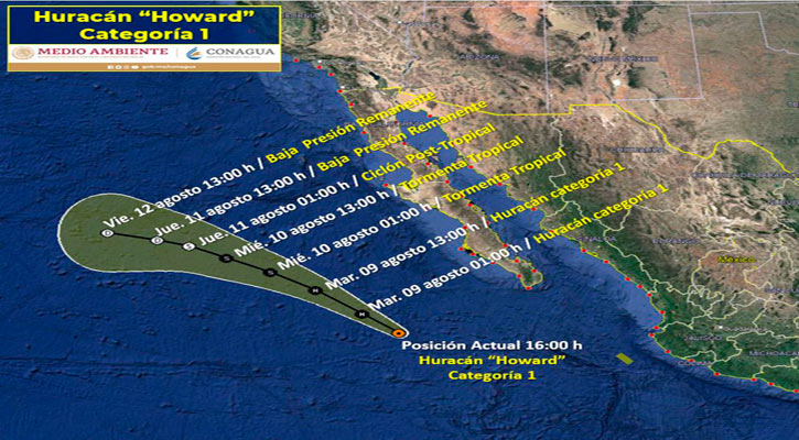 Se convirtió “Howard” en huracán categoría 1; se ubica a 530 km de CSL