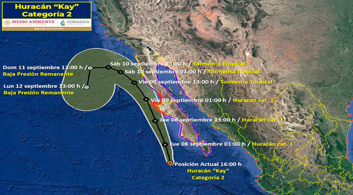 Se mantiene como huracán “Kay” categoría 2 en BCS; está a 335 km de CSL Se mantiene como huracán “Kay” categoría 2 en BCS; está a 335 km de CSL