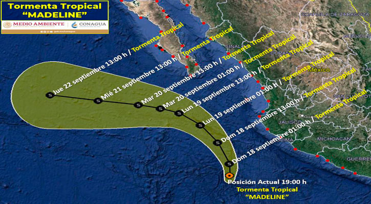 Avanza la tormenta tropical “Madeline” hacia el norte; se ubica a 805 km de CSL