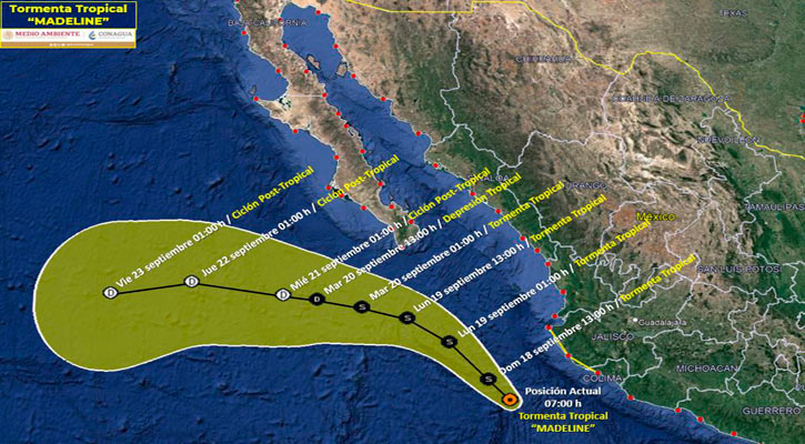 Se mantiene la tormenta tropical “Madeline” frente a costas de Jalisco; se ubica a 620 km de CSL