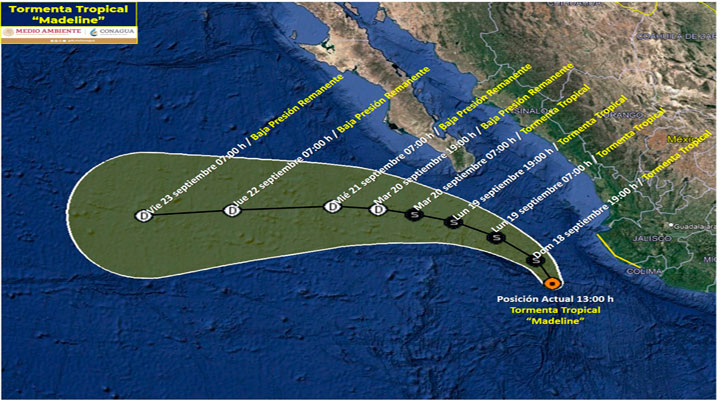 Continúa cerca de las costas de Jalisco la tormenta tropical “Madeline”; se ubica a 560 km de CSL