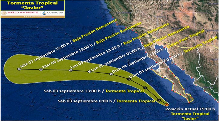 La tormenta tropical “Javier” en su punto más cercano a CSL se ubica 300 km  