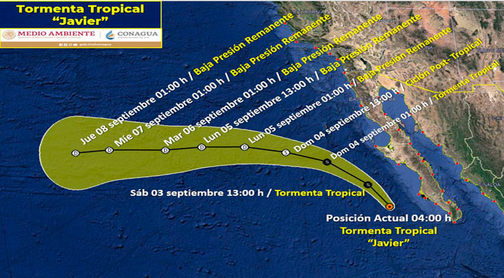 Se mantiene la tormenta tropical “Javier” paralela a BCS; se ubica a 445 km de CSL