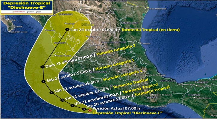 Se ubica la depresión tropical 19-E frente a costas de Guerrero