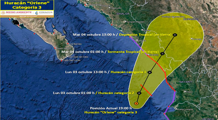 “Orlene" pasó a categoría 3, aumenta la posibilidad de lluvias en BCS