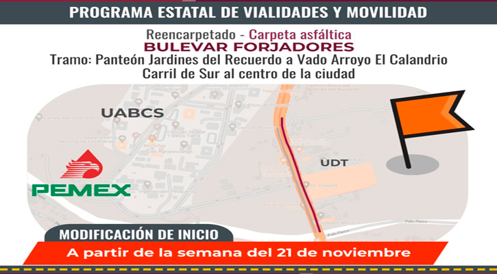 Inicia el 21 de noviembre la rehabilitación del bulevar Forjadores en La Paz