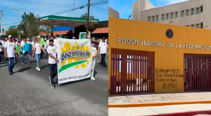 Desfilan gastronómicos por el Día del Trabajo y pintarrajean sede del Poder Judicial Federal