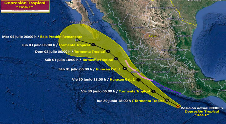 La depresión tropical 2-E se localiza frente a costas de Guerrero y Oaxaca