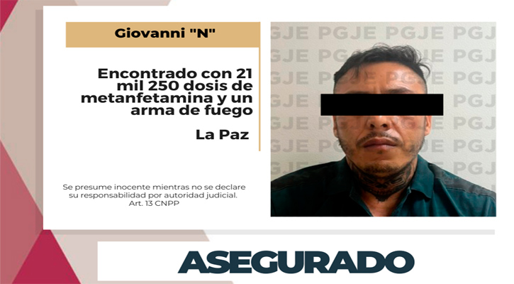 Aseguran a sujeto con más de 21 mil dosis de droga y un arma de fuego en La Paz