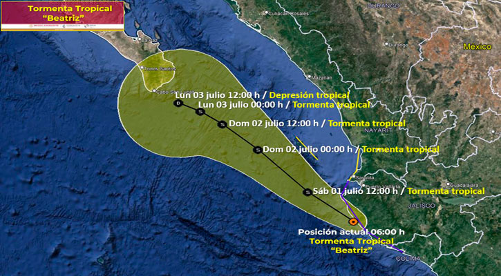 Mantiene "Beatriz" como tormenta tropical su desplazamiento paralelo a costas de Jalisco