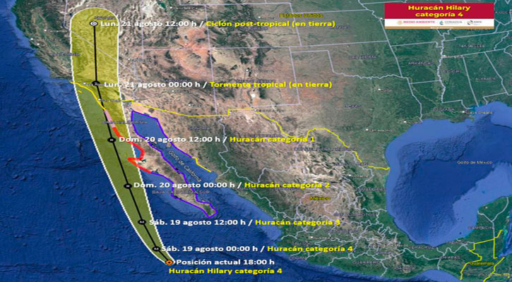 Sigue el ascenso de “Hilary” como huracán categoría 4; está a 495 km de CSL  