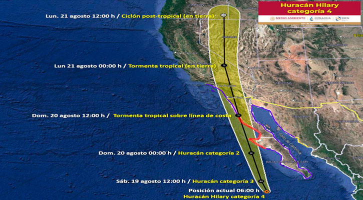 “Hilary” como huracán categoría 4 está a 390 km de CSL  