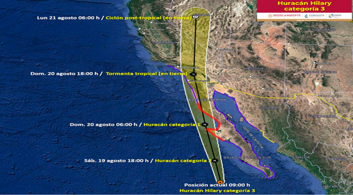 Se degrada “Hilary” a huracán categoría 3; se ubica a 375 km de CSL  