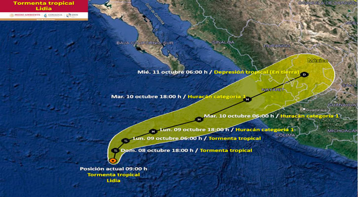 El centro de la tormenta tropical “Lidia” se localiza al sur-suroeste de BCS
