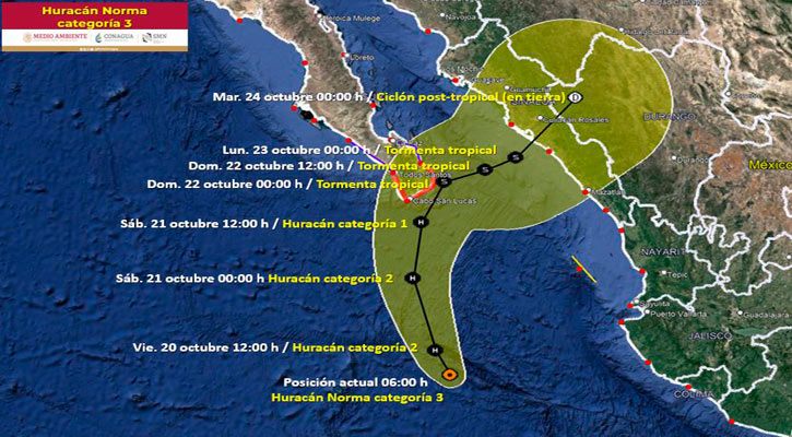 Mantiene el huracán “Norma” categoría 3 su rumbo hacia BCS