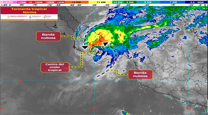 La tormenta tropical “Norma” se localiza en aguas del Golfo de California; está a 65 km de La Paz