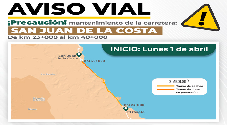 Inician el abril obras de bacheo y protección del camino en la carretera a San Juan de la Costa Inician el abril obras de bacheo y protección del camino en la carretera a San Juan de la Costa