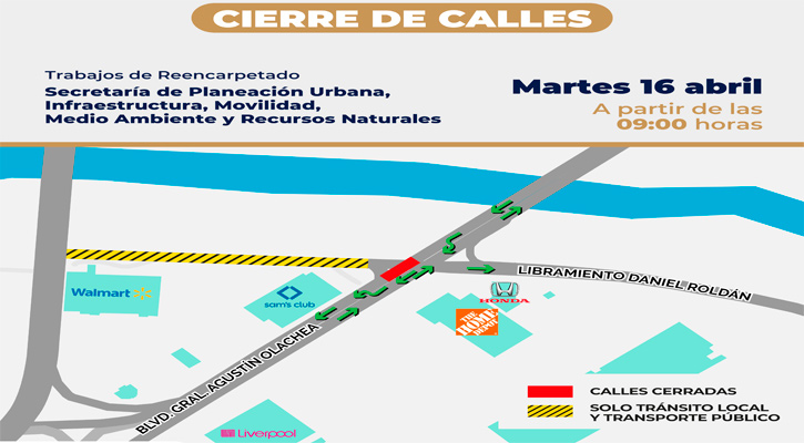 Cierre vial en intersección del bulevar Olachea y libramiento Roldán por trabajos de reencarpetado en La Paz
