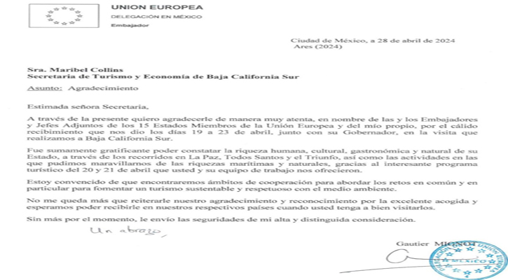 Reconocen miembros de la Unión Europea al gobierno de BCS por su voluntad en el fomento al turismo sustentable