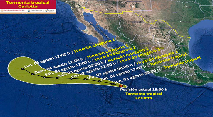 Se ubica la tormenta tropical “Carlotta” al suroeste de las costas del occidente del país  
