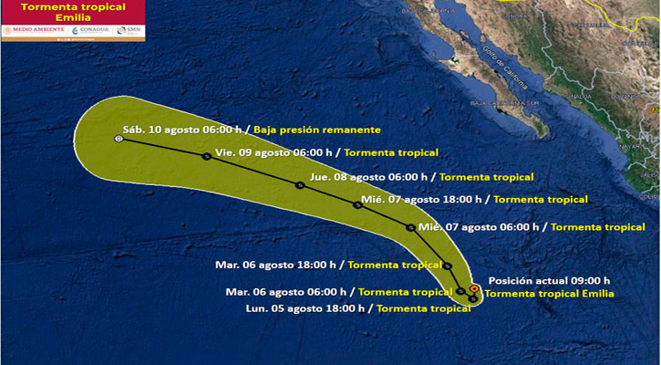 La tormenta tropical “Emilia” se ubica a 1,035 km de CSL