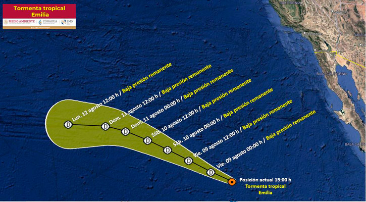 La tormenta tropical “Emilia” se debilita gradualmente; se aleja a 1,435 km de CSL La tormenta tropical “Emilia” se debilita gradualmente; se aleja a 1,435 km de CSL