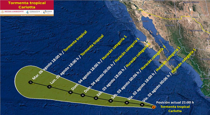 Amplia circulación de la tormenta tropical “Carlotta” refuerza posibilidad de lluvias en BCS