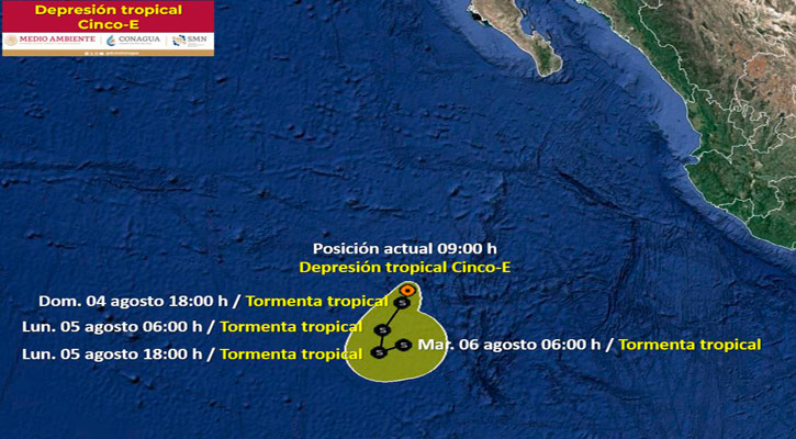 Se formó la depresión tropical 5-E en el Pacífico; se ubica a 850 km de CSL  