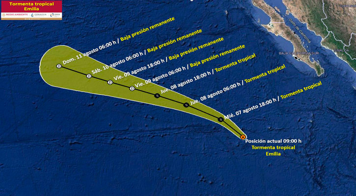 Se fortalece ligeramente la tormenta tropical “Emilia”; se ubica a 945 km de CSL