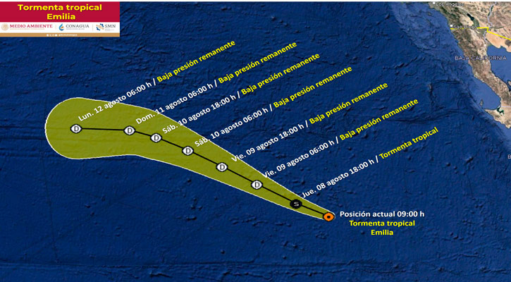 La tormenta tropical “Emilia” mantiene oleaje elevado en la Península de BC; se aleja a 1,390 km de CSL La tormenta tropical “Emilia” mantiene oleaje elevado en la Península de BC; se aleja a 1,390 km de CSL
