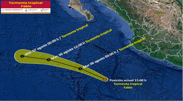 La tormenta tropical “Fabio” se ubica a suroeste de Colima y Jalisco La tormenta tropical “Fabio” se ubica a suroeste de Colima y Jalisco