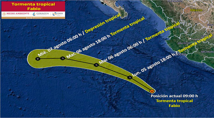 Se formó la tormenta tropical “Fabio” al sur-suroeste de Colima y Jalisco