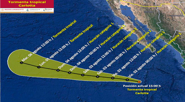 Sigue intensificándose gradualmente “Carlotta”; se ubica a 630 km de CSL
