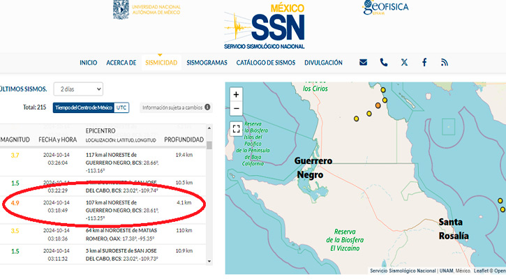 Ocurrió en Guerrero Negro el sismo de mayor magnitud del día en el país; fue de 4.9