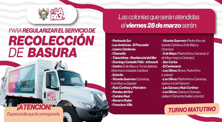 Anuncian recolección de basura para el viernes 28 de marzo en La Paz