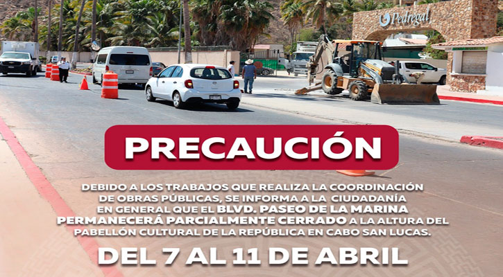 Anuncian cierre parcial del bulevar Paseo de la Marina en CSL