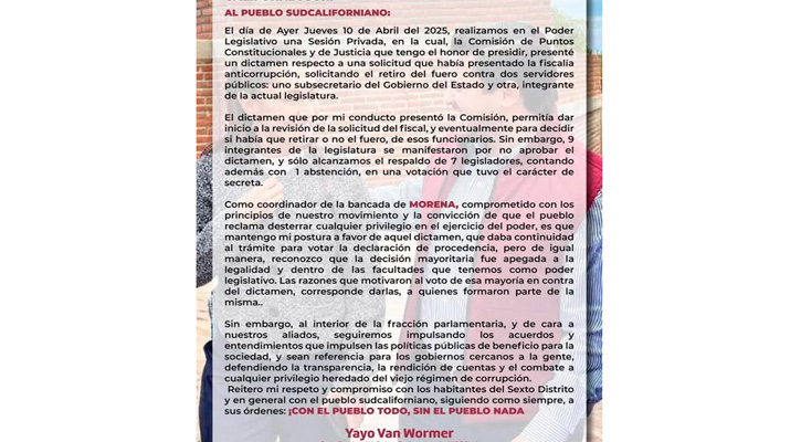 Desechó Congreso de BCS con voto secreto caminara el proceso de desafuero contra dos funcionarios: Yayo Van Wormer