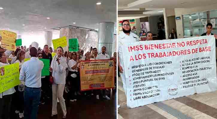 Manifestaciones en La Paz de los dos gremios de trabajadores de IMSS-Bienestar