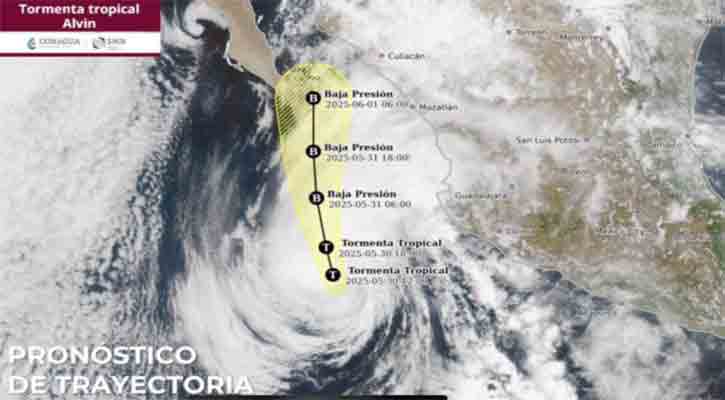 Ocasiona la tormenta tropical “Alvin” vientos fuertes y oleaje elevado en el occidente y noroeste del país; está a 565 km CSL