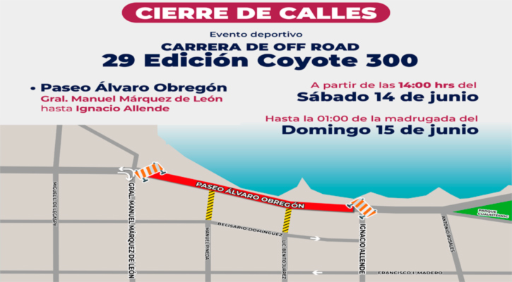 Anuncian cierre parcial del malecón por la carrera Coyote 300