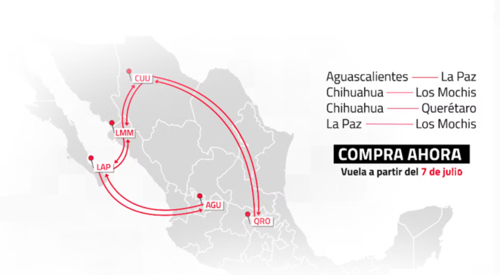 Dos vuelos de TAR conectarán a La Paz con Aguascalientes y Los Mochis