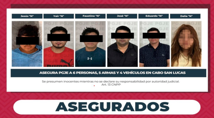 Asegura PGJE a 6 personas, 5 armas y 4 vehículos en CSL